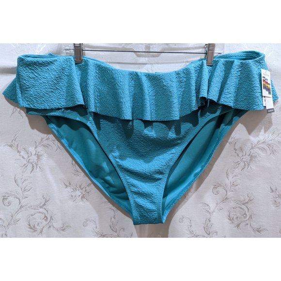 Ruffle High Waist Eyelet Twist Bandeau Two Piece Swim Suit Set 3X Turquoise - Picture 2 of 7